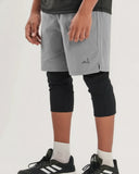 Grey M-Flex Awrah Shorts, front view with compression liner below the knee